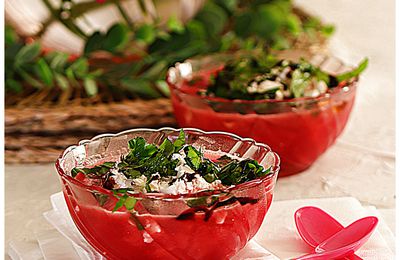 Soupe de pastèque glacée à la feta, basilic et menthe, filet de crème de balsamique!