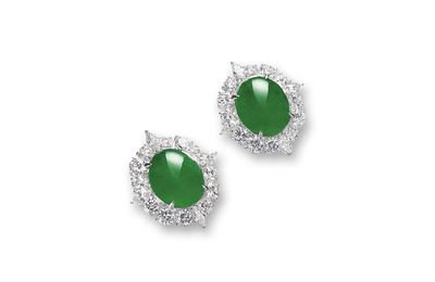 Pair of fine translucency bright emerald green jadeite and diamond earclips