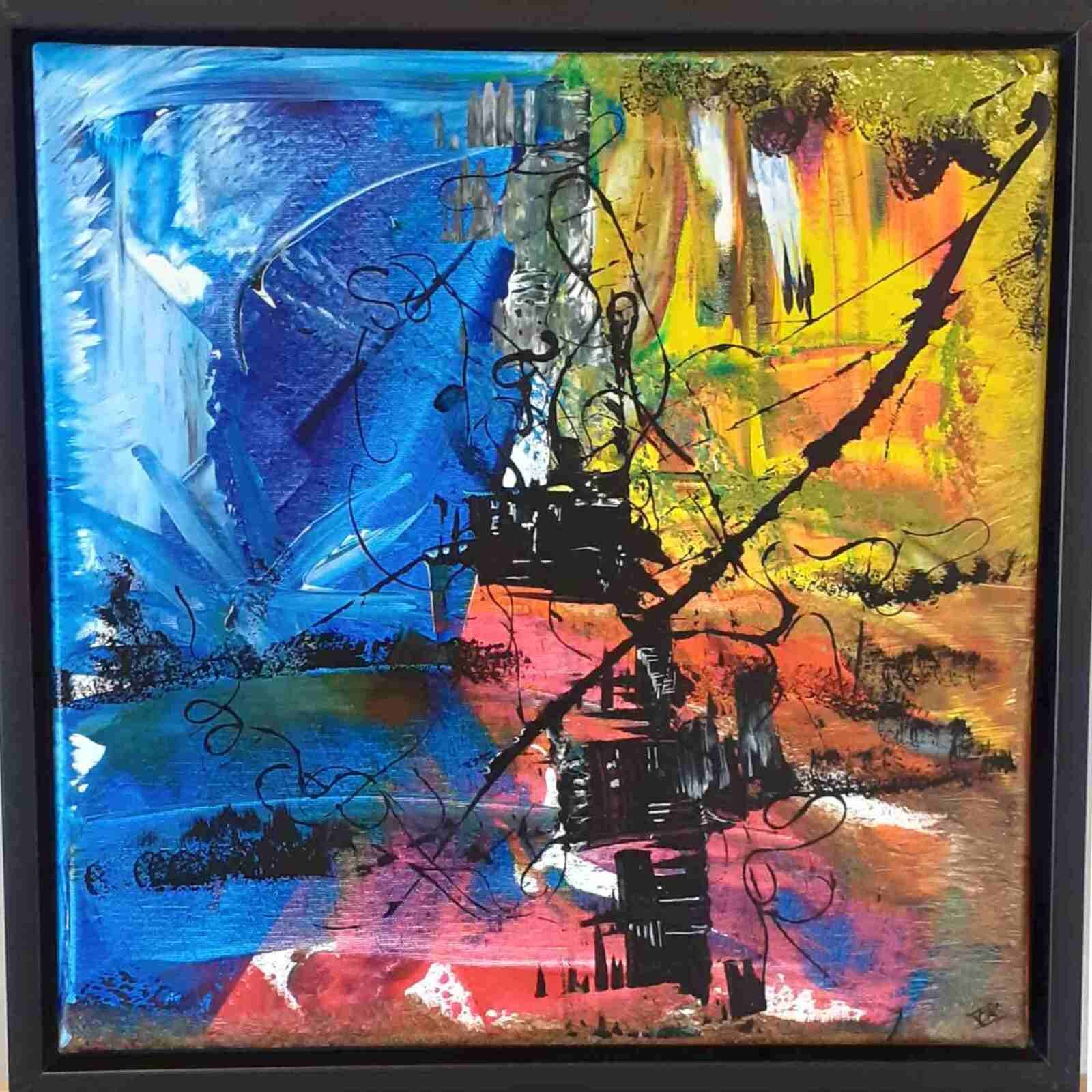 F comme Funambule-acryl 2019, 40X40 cm (n°137 ) cadre noir,