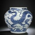 A magnificent and very rare white and blue 'Dragon' jar, guan, Yuan dynasty (1279-1368)