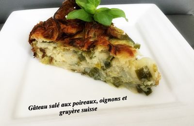 Gâteau salé aux poireaux, oignons et gruyère suisse ( 198 cal/ par part)