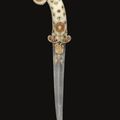 An Exceptional Mughul Indian Khanjar With Carved Pale Grey-Green Jade Hilt Inlaid With Gems In Gold Kundan Settings. 18th c.