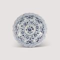 A rare blue and white barbed-rim ‘floral’ cup stand, Hongwu period (1368-1398)