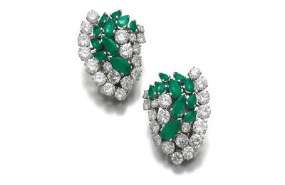 Pair of emerald and diamond ear clips, Suzanne Belperron, 1960s