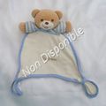 Doudou Peluche Plat Ours Beige Blanc Cassé Bras Rayures Bleu Takinou