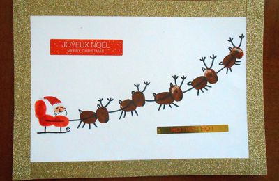 Cartes de Noël en empreintes de doigts: le traîneau du Père Noël, le sapin, les bonshommes en pain d'épice