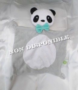 Doudou Peluche Plat Panda Blanc Gris Noir Noeud Bleu Baby Calin