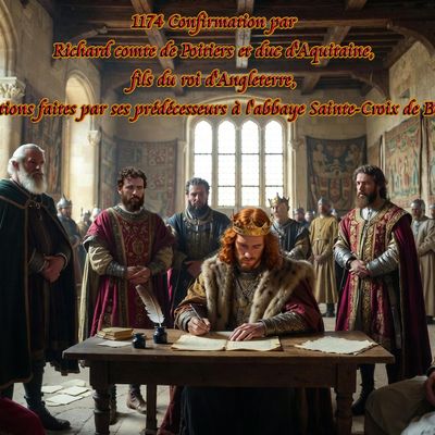 1174 Confirmation par Richard comte de Poitiers et duc d'Aquitaine, fils du roi d'Angleterre, des donations faites par ses prédécesseurs à l'abbaye Sainte-Croix de Bordeaux.
