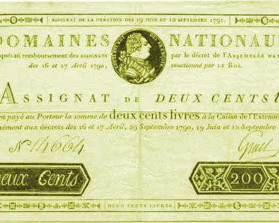 Le vendredi 14 août 1795 à Nogent-le-Républicain : assignats avec signes de la royauté, déclaration de domicile.