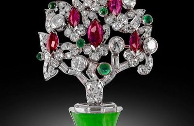 Art Deco ruby, diamond, emerald and jade jardinière brooch by Cartier, Paris