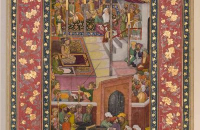 Emperor Jahangir and the heir to the throne Prince Khurram at the gathering for the breaking of the fast or sacrificial feast at an Islamic festival site, album leaf, India, 1615-1625