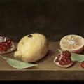Jacob van Hulsdonck (Antwerp 1582-1647), A whole lemon, a sliced lemon and pomegranate on a table-top