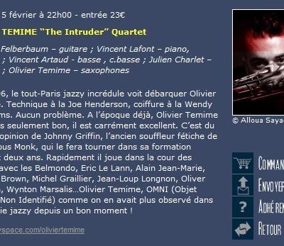 Olivier Temime "The Intruder" en concert au Sunset le samedi 5 février 2011