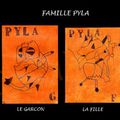 FAMILLE PYLA (orange) : Jeu de 7 familles (gouache, crayon blanc, tampon de lettres et stylo-bille noir) mai 08