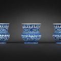 Three blue and white spittoons, zhadou, Guangxu six-character marks and of the period (1875-1908)