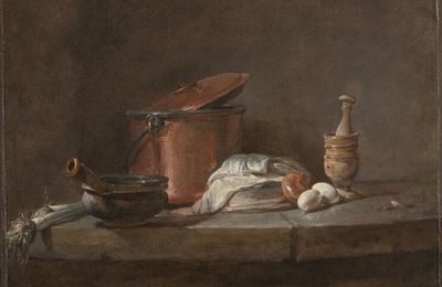 Jean-Siméon Chardin (French, 1699–1779), Kitchen Utensils with Leeks, Fish, and Eggs, c. 1734