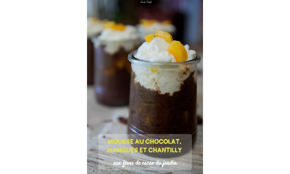 Mousse au chocolat, mangues et chantilly aux fèves de cacao du jardin