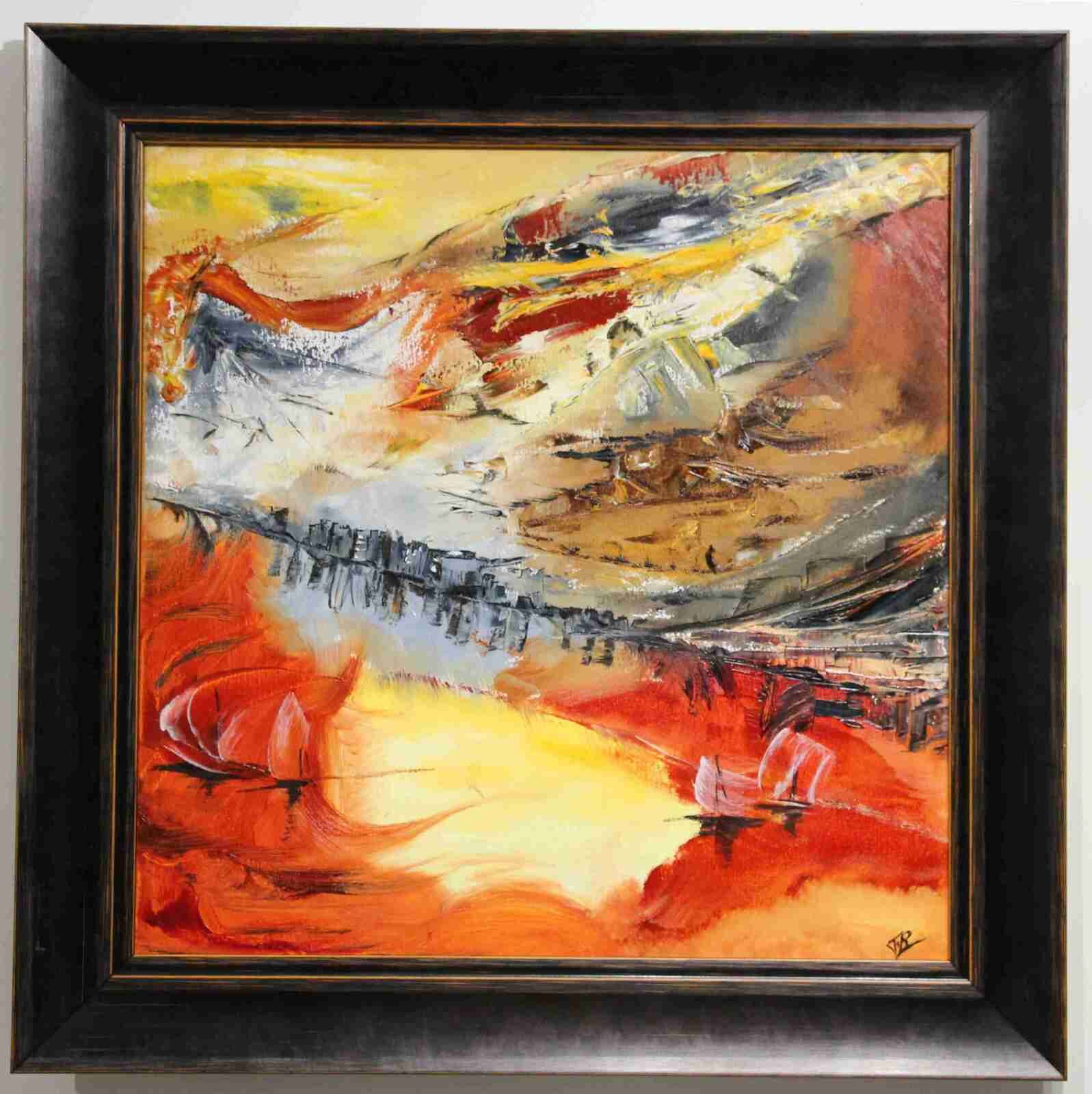 La montagne était rouge- huile 2014- cadre noir filet orange- 50x50cm- -(n°50),