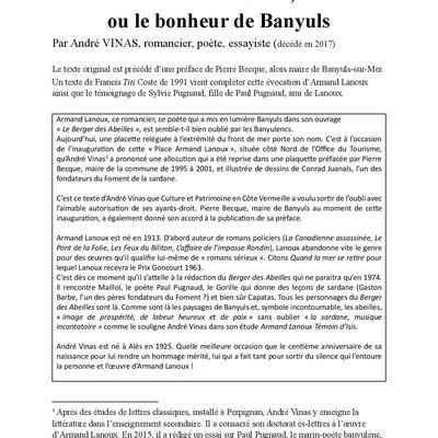 Page culturelle 142 – 1ère partie  Armand Lanoux ou le bonheur de Banyuls par André Vinas, romancier, poète, essayiste 