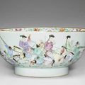 An impressive famille rose 'manchu hunting party' punch bowl, Qianlong period (1736-1795)