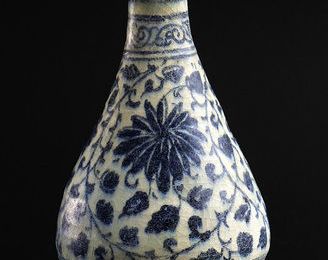 Fritware bottle, painted in blue under a transparent glaze. Syria; beginning of 15th century