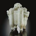 A pale greenish-white jade archaistic vessel and cover, Tulu.  18th/19th century