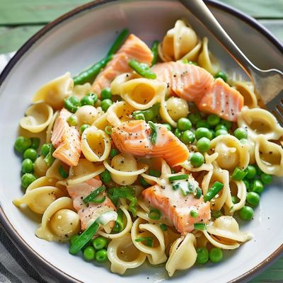 Pâtes au saumon et petits pois sauce onctueuse