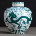 A fine underglaze-blue and green-enamelled 'Dragon' jar, Qianlong six-character seal mark in underglaze-blue and of the period