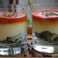 Verrine brocoli, mousse de chou-fleur, crème de poivron