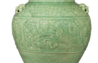 An important and extremely rare carved Longquan celadon jar, Yuan dynasty (1279-1368)