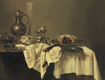 Willem Claesz. Heda (Haarlem 1594-1680) A blackberry pie, an upturned nautilus cup, a salt-cellar, a façon- de-Venise flute...