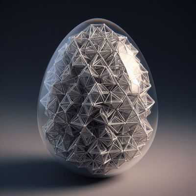 100 tétraèdres réguliers dans un oeuf transparents