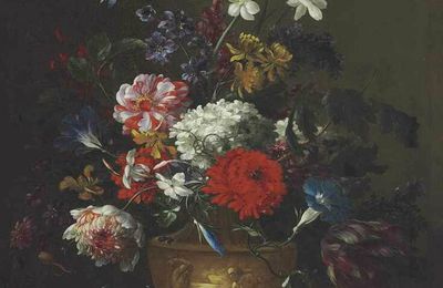 Jean-Baptiste Monnoyer (Lille 1636-1699 London) A hydrangea, chrysanthemum, tulip and other flowers in a sculpted vase