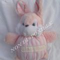 Doudou Peluche Lapin Semi Plat Rayures Rose Et Blanc Hochet Tartine Et Chocolat 25 cm