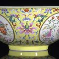 A fine and rare imperial yellow-ground famille rose medallion bowl, China, Jiaqing six-character sealmark and of the period
