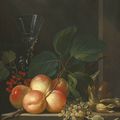 Michel Bouillon (Active Doornik 1638 – 1673), Still life with peaches, redcurrants, whitecurrants, hazelnuts and a glass, arrang