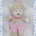 Doudou Peluche Ours Rose Blanc Beige Empreintes Nicotoy