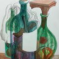 Mise en bouteille progressive de la nature morte aux oignons de Cézanne (huile sur papier et feutre )