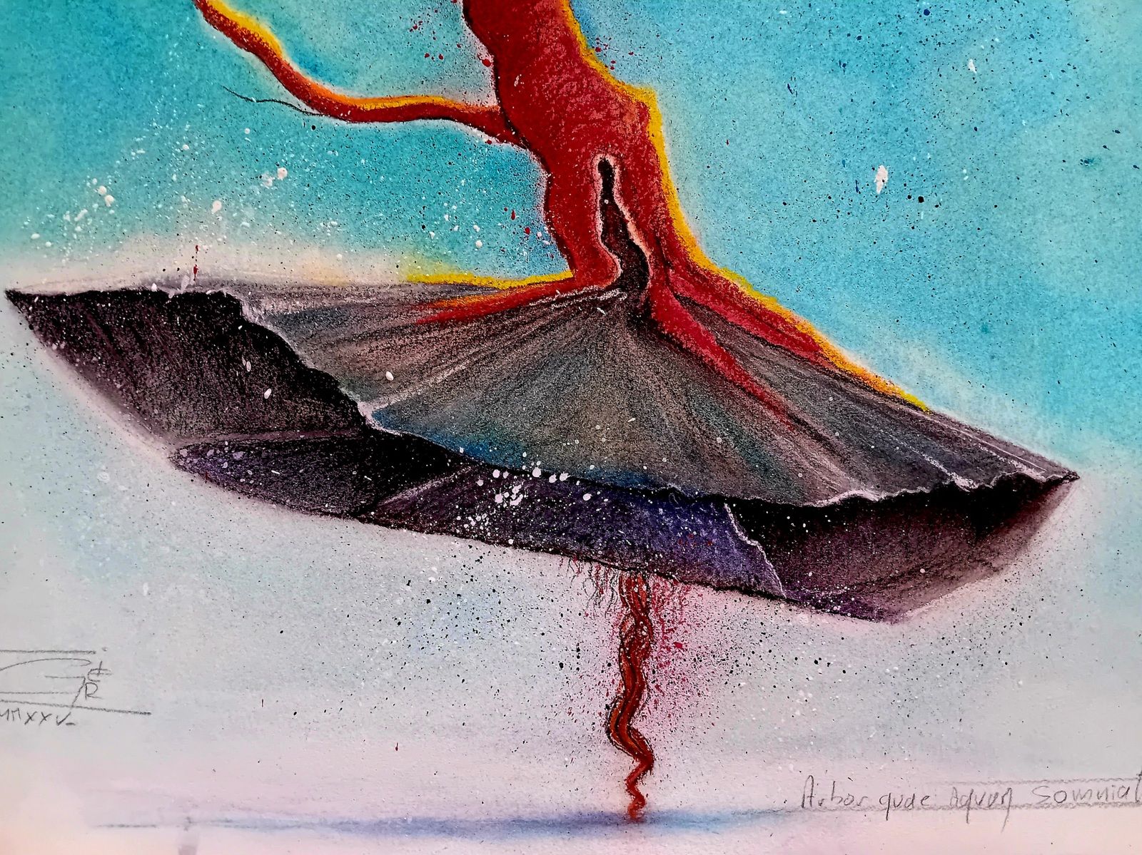 Arbre suspendu sur un rocher flottant. Stylo Bic et crayon, pierre noire, fusain et crayon de couleur. 