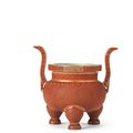 A very rare imperial porcelain simulated-cinnabar-lacquer tripod incense burner, Qianlong seal mark and of the period