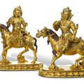Two very rare gilt-copper alloy figures from a set of eight Asvapati, the equestrian retinue of Vaishravana, Tibet, 15th century