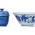 A blue and white and underglaze-red ‘Immortals’ bowl and a blue-ground ‘dragon’ bowl and cover, Qing dynasty, 17th-18th century