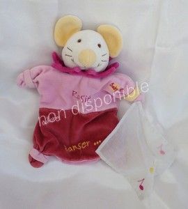 Doudou Peluche Marionnette Souris Rosie Rose  Mouchoir Blanc Babynat