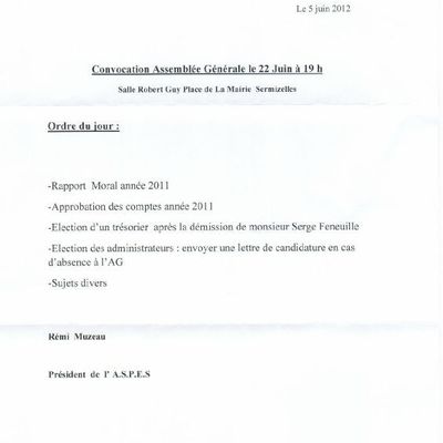 Convocation AG du 22 juin 2012 19 h Salle Robert Guy à Sermizelles