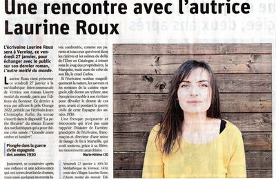 PIQURE DE RAPPEL : RENCONTRE AVEC L'AUTRICE LAURINE ROUX A LA MEDIATHEQUE DE VERNIOZ CE VENDREDI 27 JANVIER A 19 HEURES 30 !