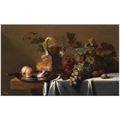 Michiel Simons. Still life with blue and white grapes, chestnuts, a loaf of bread, peaches and a knife on a pewter plate