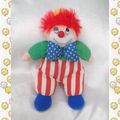 Doudou Peluche Vintage Clown Rayures Blanc Rouge Noeud Bleu Etoiles Blanc Jemini