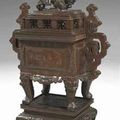 A massive Vietnamese silver and copper-inlaid bronze censer, cover and stand. 20th century.