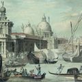 Ecole italienne du XIXème siècle, entourage de Giovanni Grubacs. La Douane de mer et l'église de la Salute à Venise