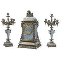 A French Chinoiserie patinated bronze and champlevé enamel three-piece clock garniture. Paris, circa 1880